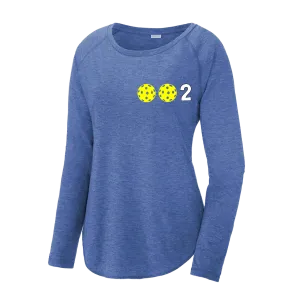 002 With Pickleballs (Colors Yellow Green White Pink Purple) Customizable | Women's Long Sleeve Scoop Neck Pickleball Shirts | 75/13/12 poly/cotton/rayon