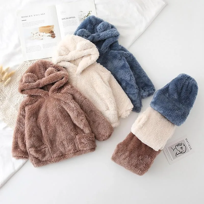 2-piece Toddler Girl/Boy Ear Design Fuzzy Hoodie Sweatshirt and Pants