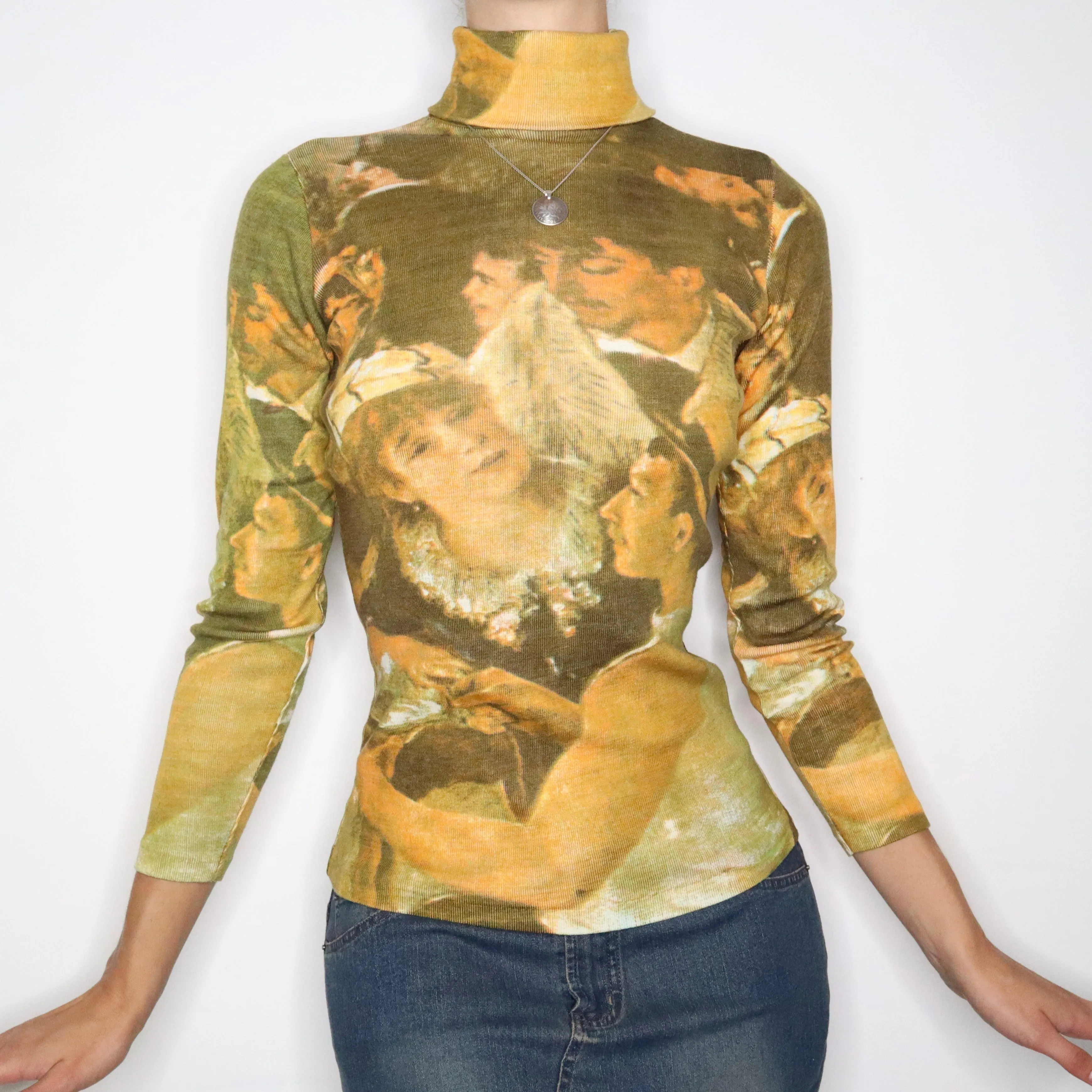 70s Art Print Turtleneck Sweater (XS)