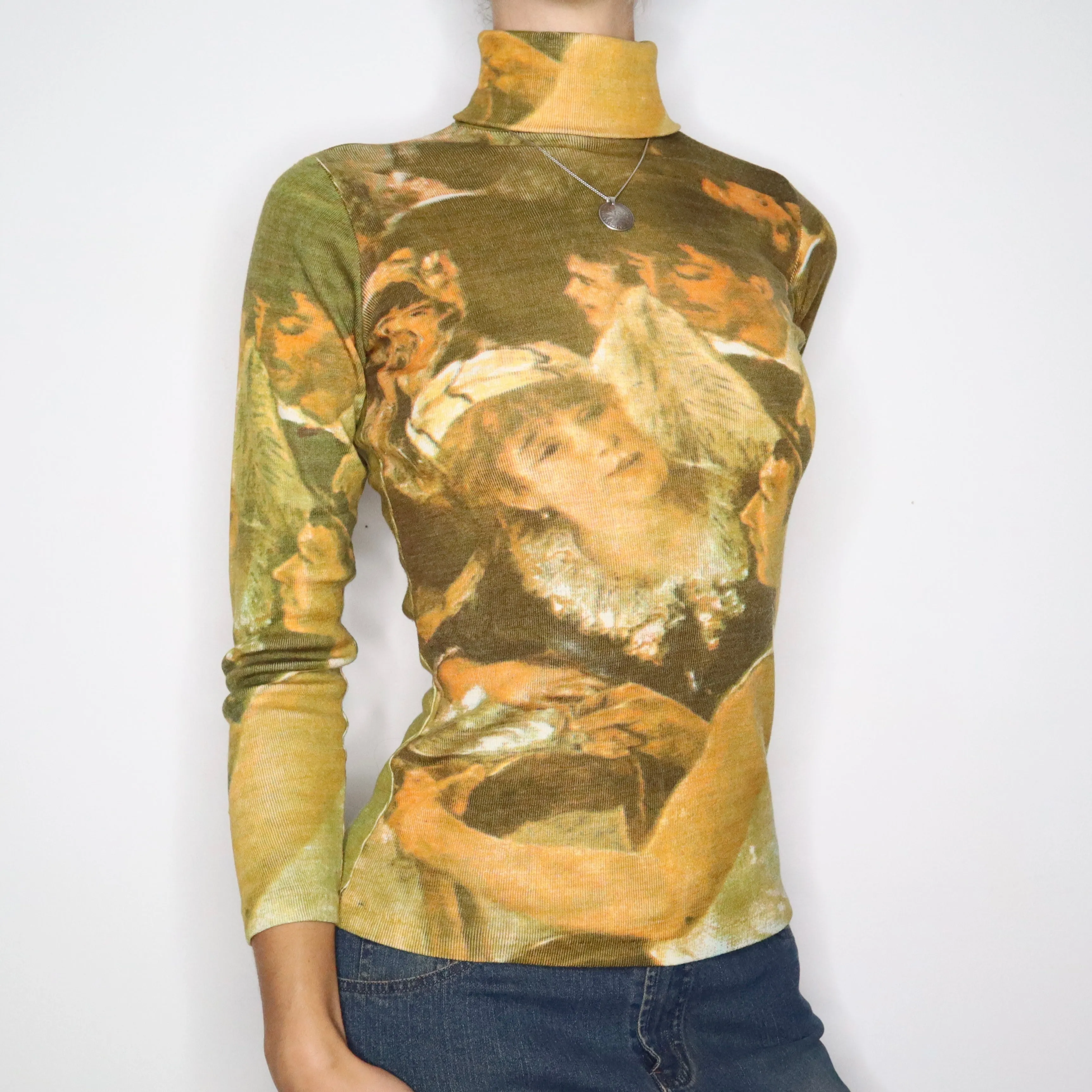 70s Art Print Turtleneck Sweater (XS)
