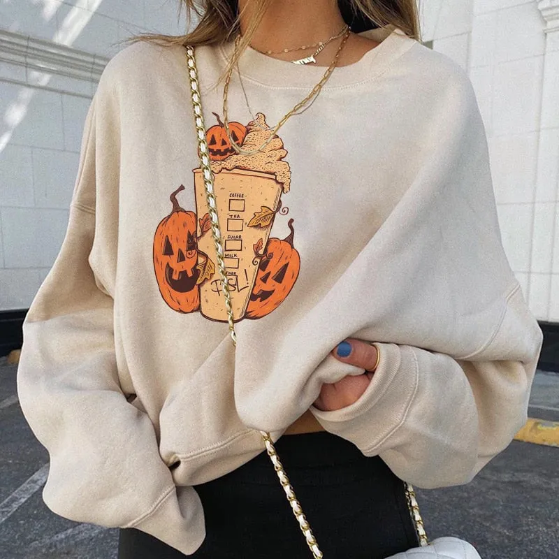 Amozae--Halloween 2024 Pumpkin Skull Print Sweatshirt for Women Fall Europe and America Style New Casual Thin Pullover Female Hoodies