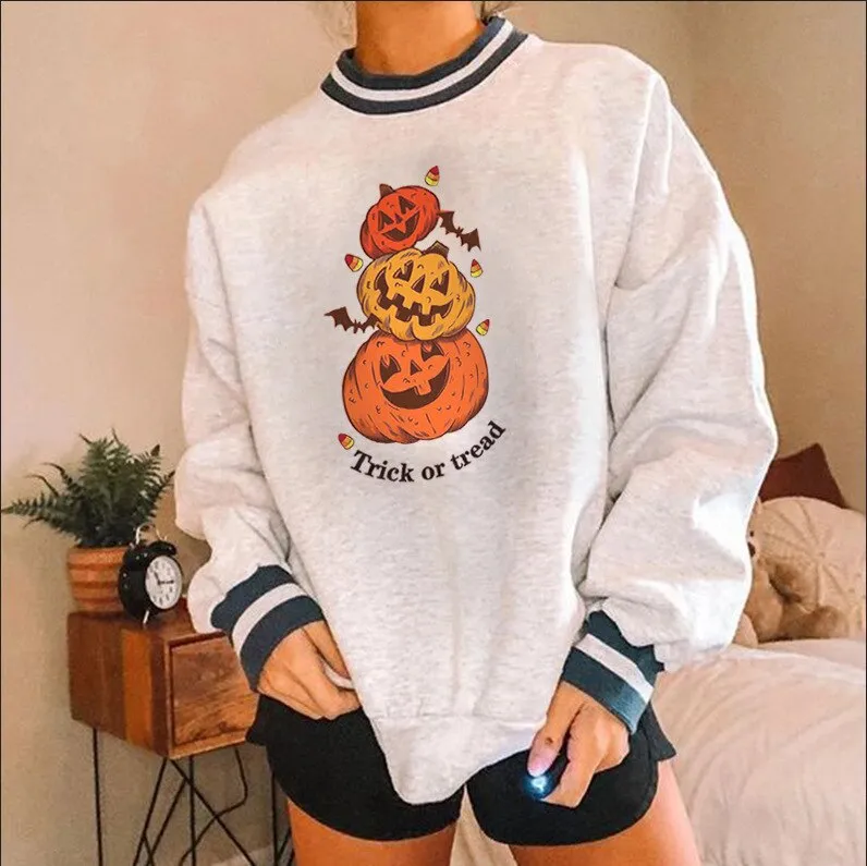 Amozae--Halloween 2024 Pumpkin Skull Print Sweatshirt for Women Fall Europe and America Style New Casual Thin Pullover Female Hoodies
