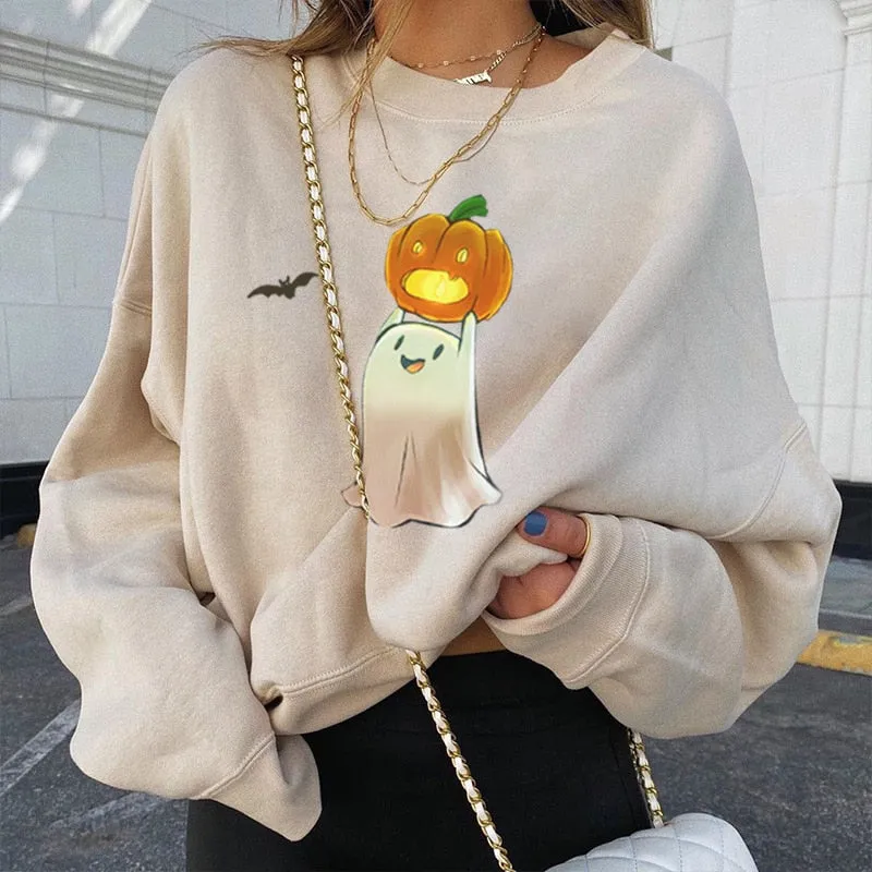 Amozae--Halloween 2024 Pumpkin Skull Print Sweatshirt for Women Fall Europe and America Style New Casual Thin Pullover Female Hoodies