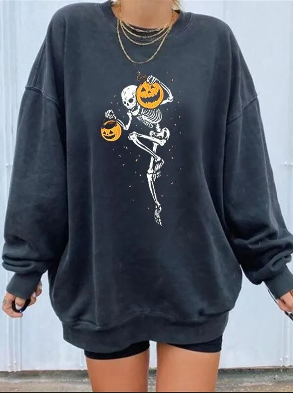 Amozae--Halloween 2024 Pumpkin Skull Print Sweatshirt for Women Fall Europe and America Style New Casual Thin Pullover Female Hoodies