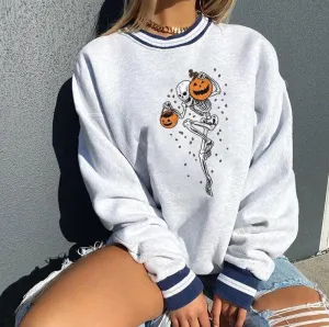 Amozae--Halloween 2024 Pumpkin Skull Print Sweatshirt for Women Fall Europe and America Style New Casual Thin Pullover Female Hoodies