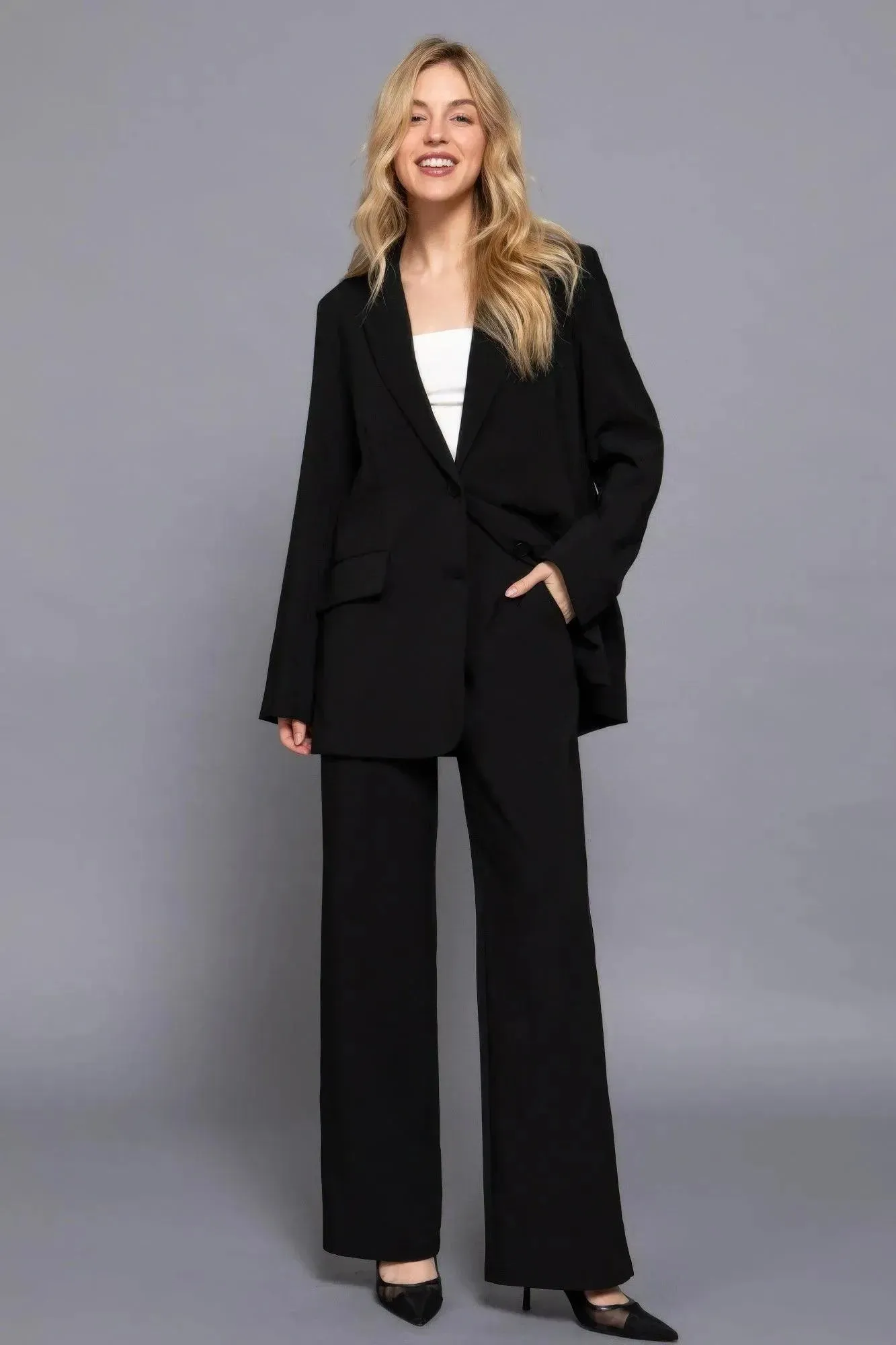 Back elastic straight woven long pants