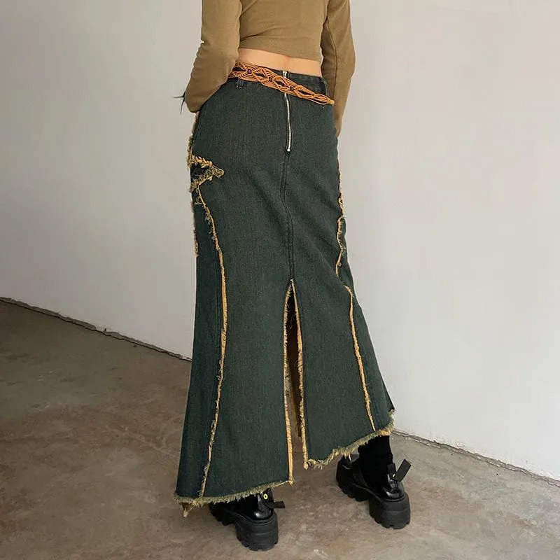 BerriesJam - Contrast Slit Hem Pentagram Pattern Irregular Zip-Up Midi Skirt