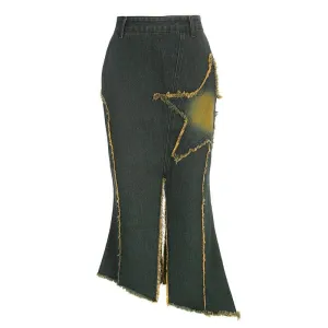 BerriesJam - Contrast Slit Hem Pentagram Pattern Irregular Zip-Up Midi Skirt