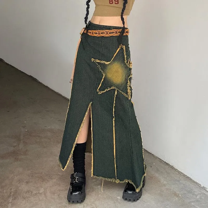 BerriesJam - Contrast Slit Hem Pentagram Pattern Irregular Zip-Up Midi Skirt