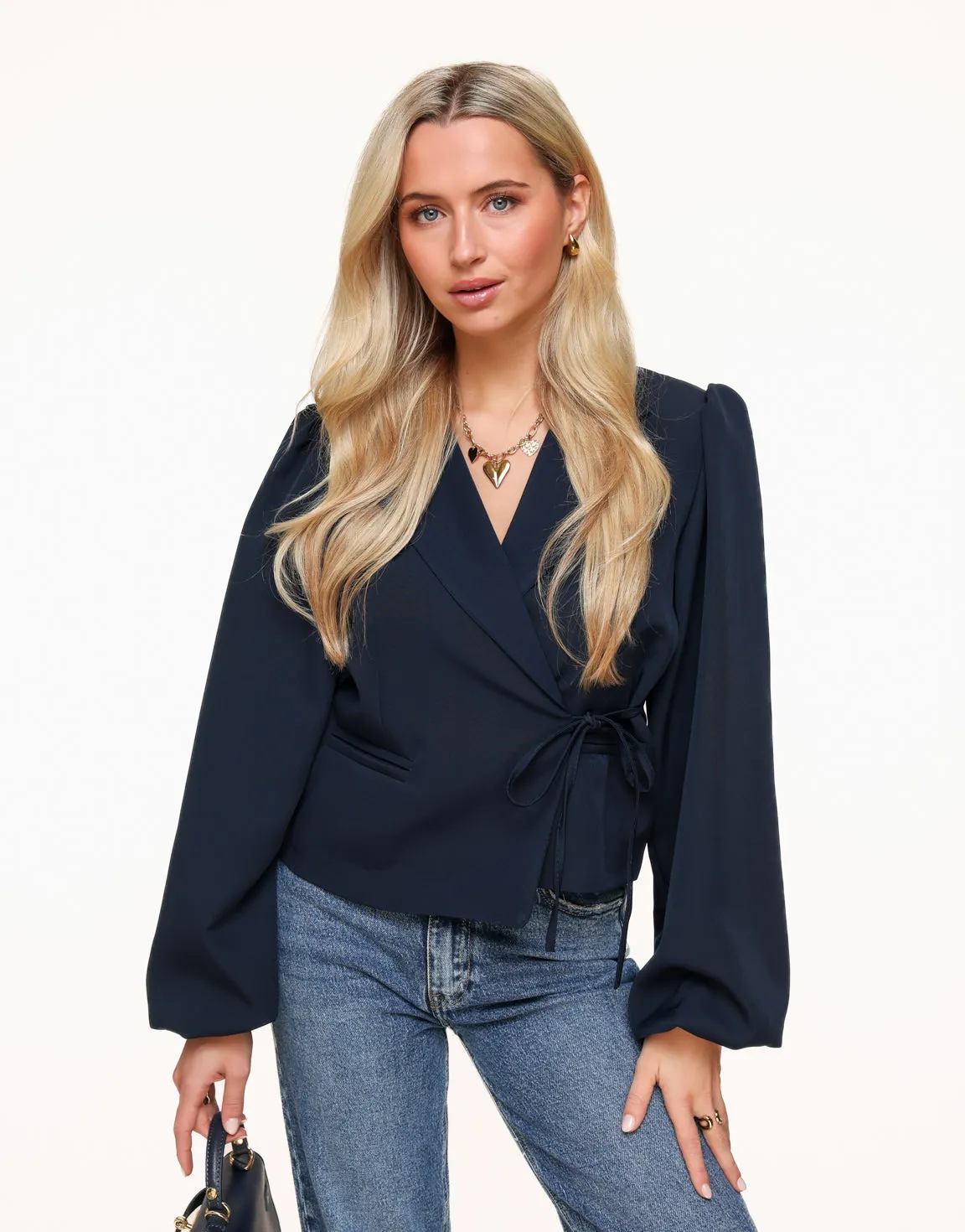 Blauwe Pofmouwen Wikkel - Blazer