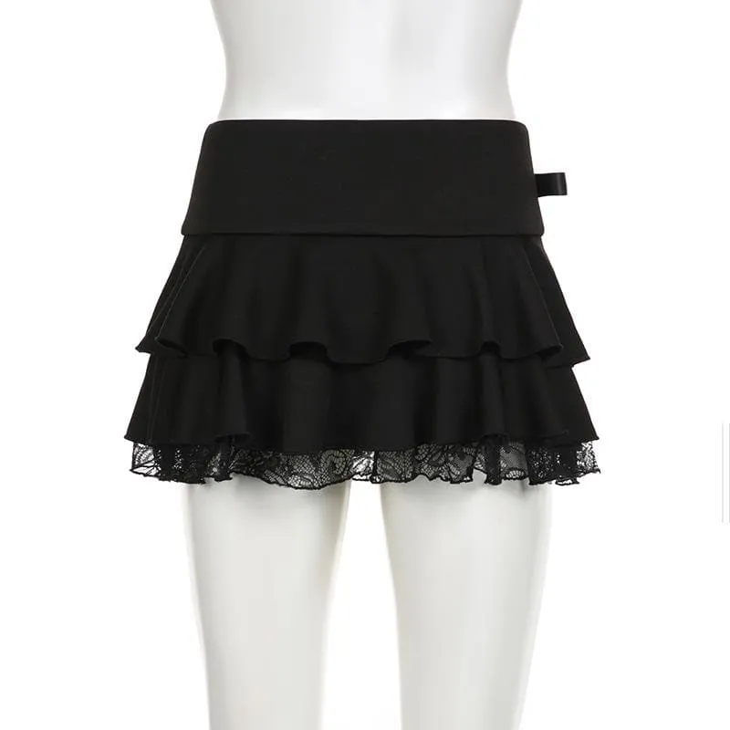 Bowknot solid ruffle lace hem low rise mini skirt