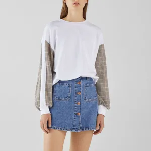 Casual Plaid Stitching Sleeve Long-Sleeved O-Neck Sweatshirt