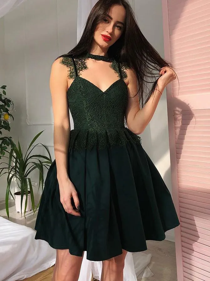 Charming Black Spaghetti Straps Short Lace Homecoming Dress