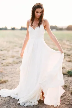 Charming Ivory Spaghetti Straps Long Chiffon Beach Wedding Dress