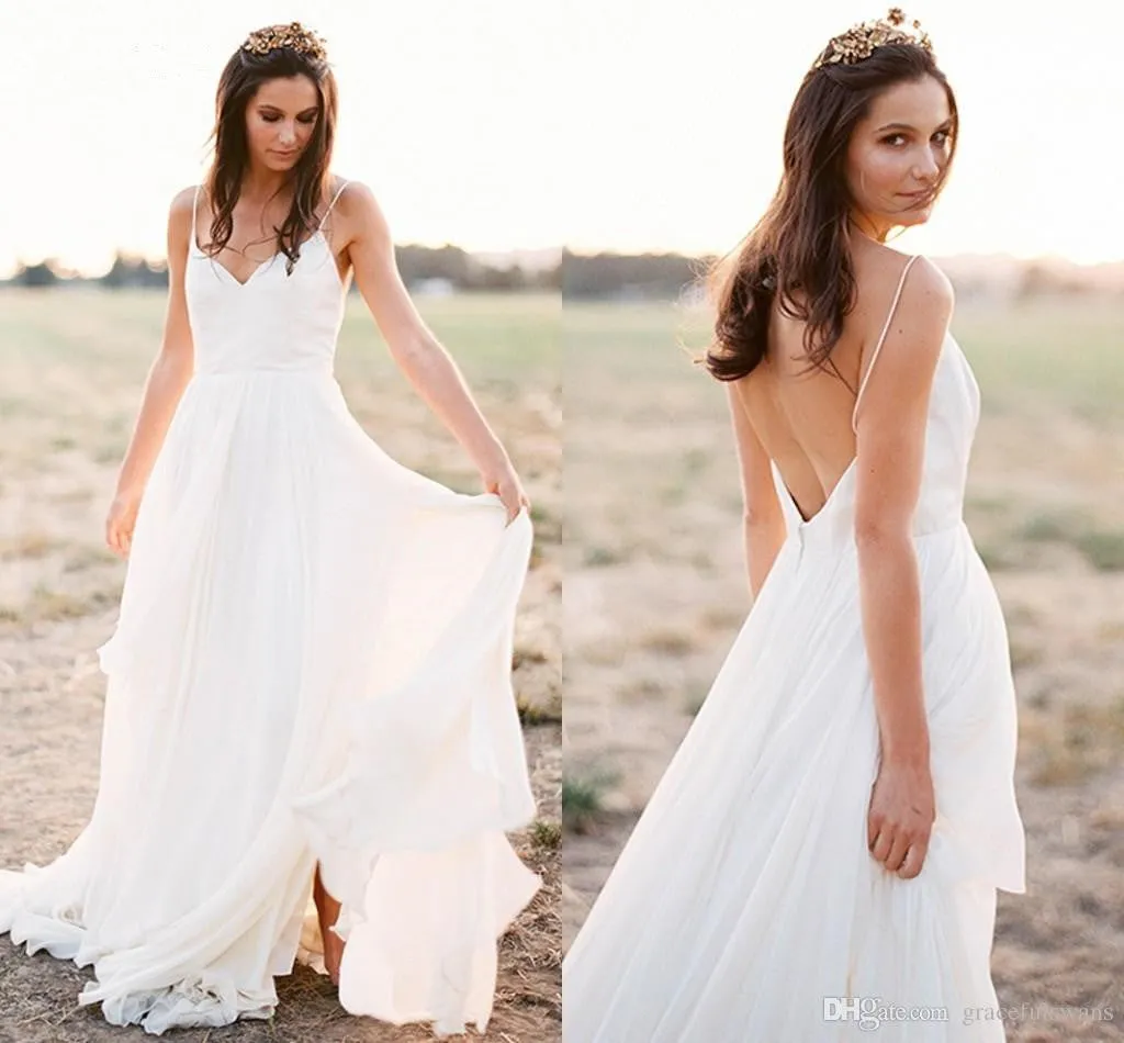 Charming Ivory Spaghetti Straps Long Chiffon Beach Wedding Dress