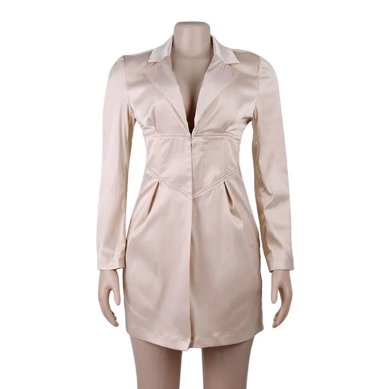 Deep V Neck Turn-Down Collar Button Long Blazer Dresses