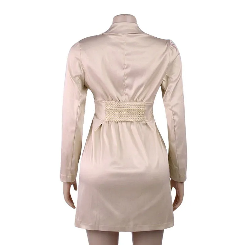 Deep V Neck Turn-Down Collar Button Long Blazer Dresses
