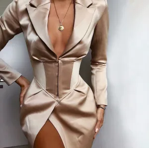 Deep V Neck Turn-Down Collar Button Long Blazer Dresses