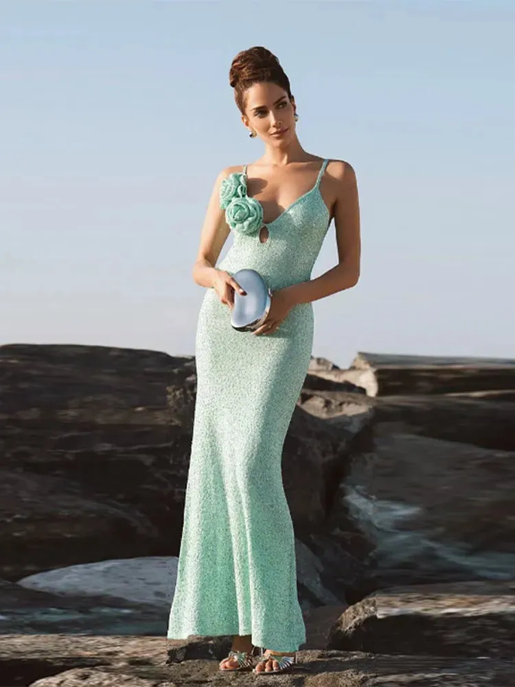 Green 3D Flower Charming Sequin Cami Maxi Dress