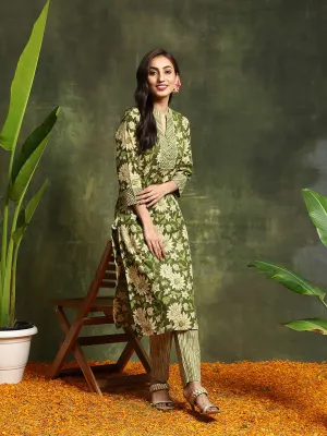 Green Floral Print Straight Kurta With Pant