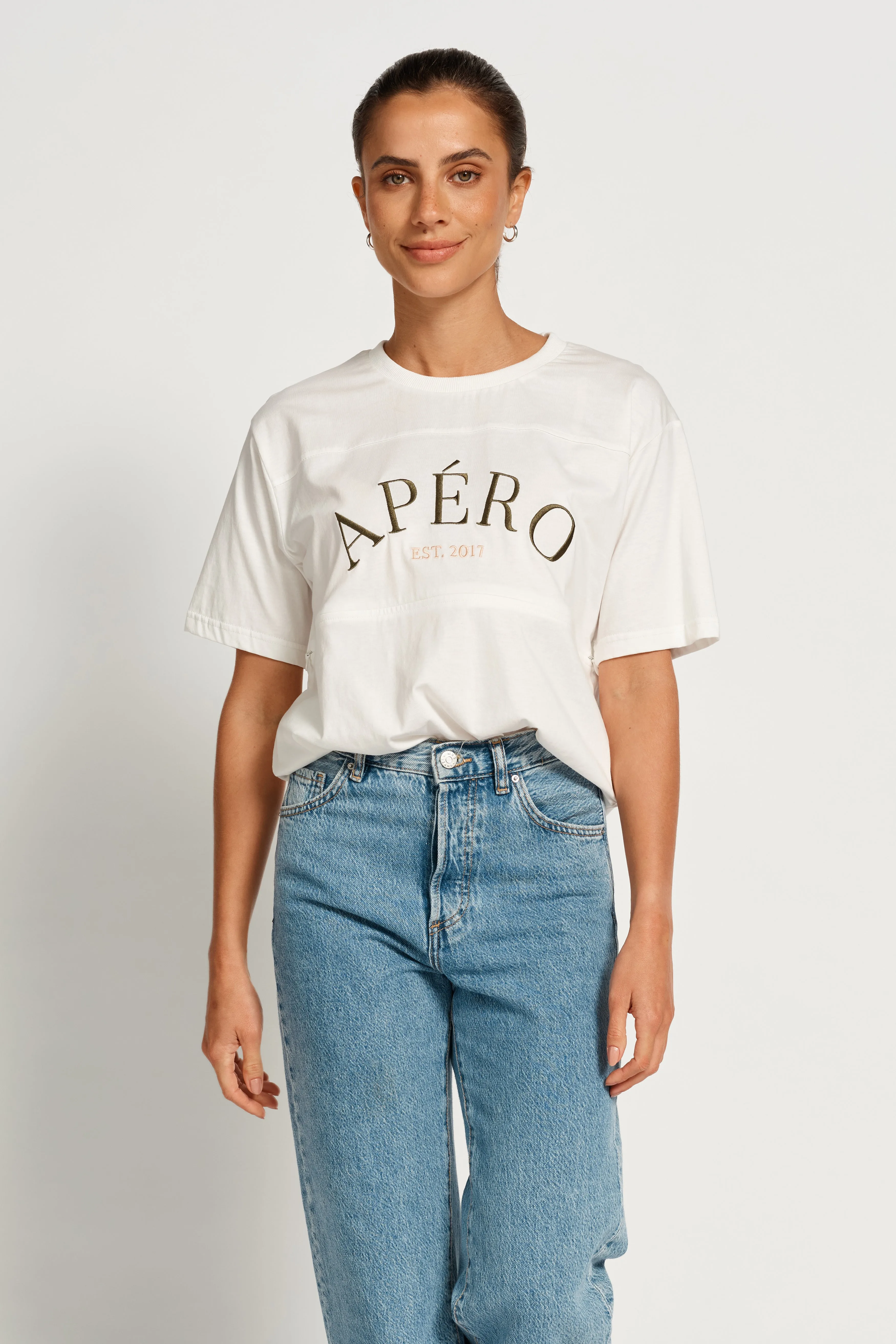 Heritage Embroidered Panel Tee - White / Khaki / Peach
