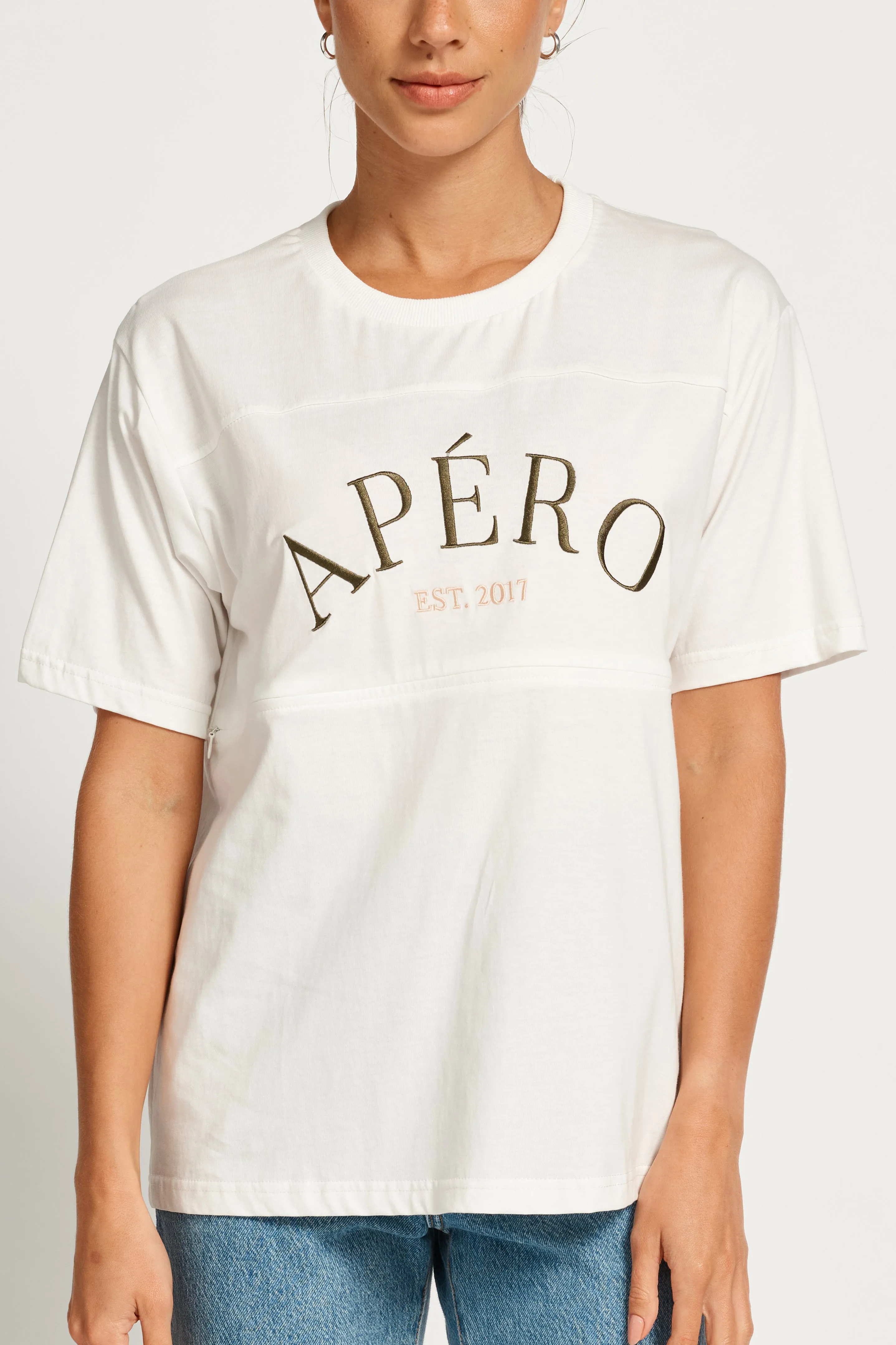 Heritage Embroidered Panel Tee - White / Khaki / Peach