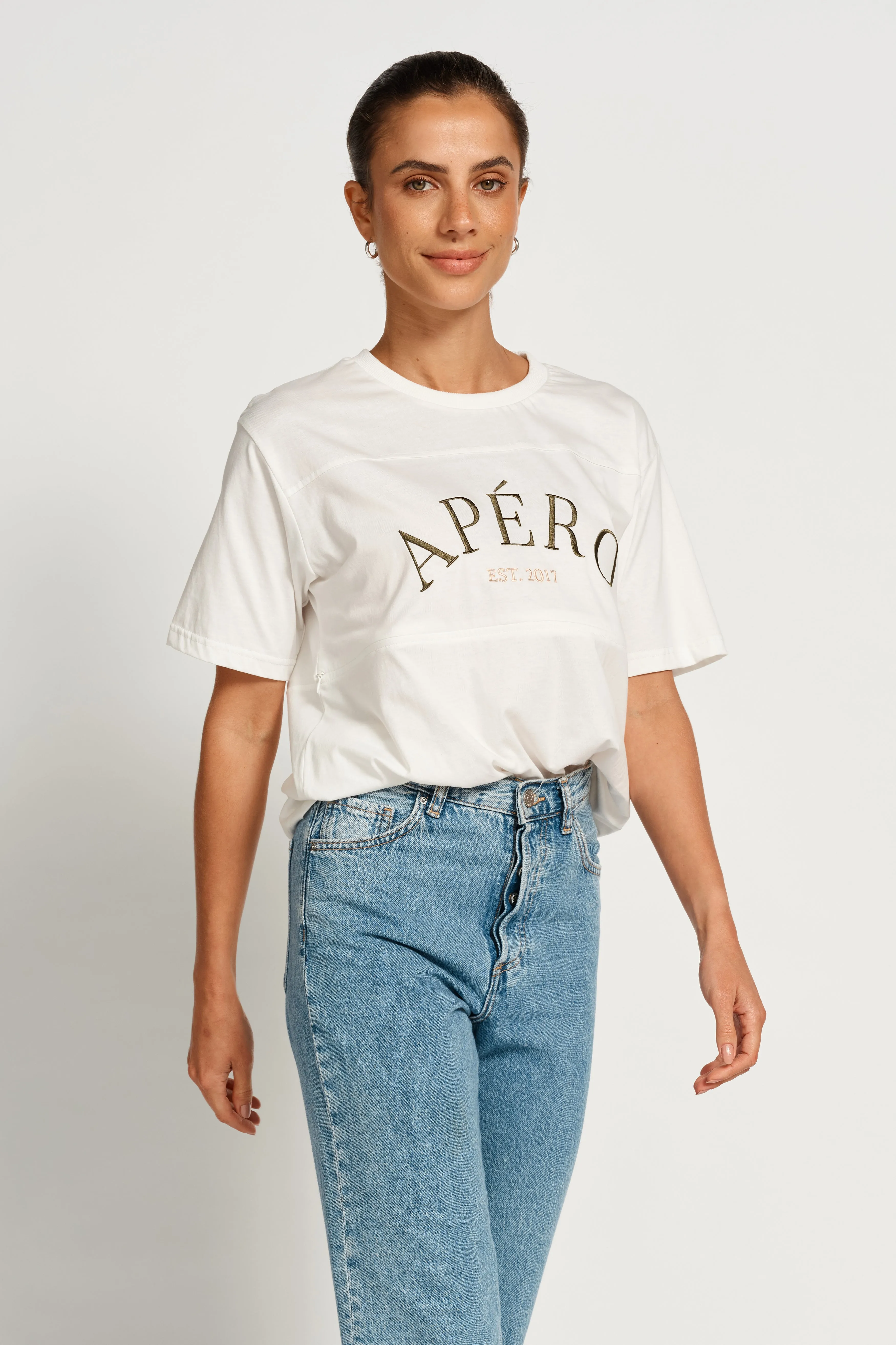 Heritage Embroidered Panel Tee - White / Khaki / Peach
