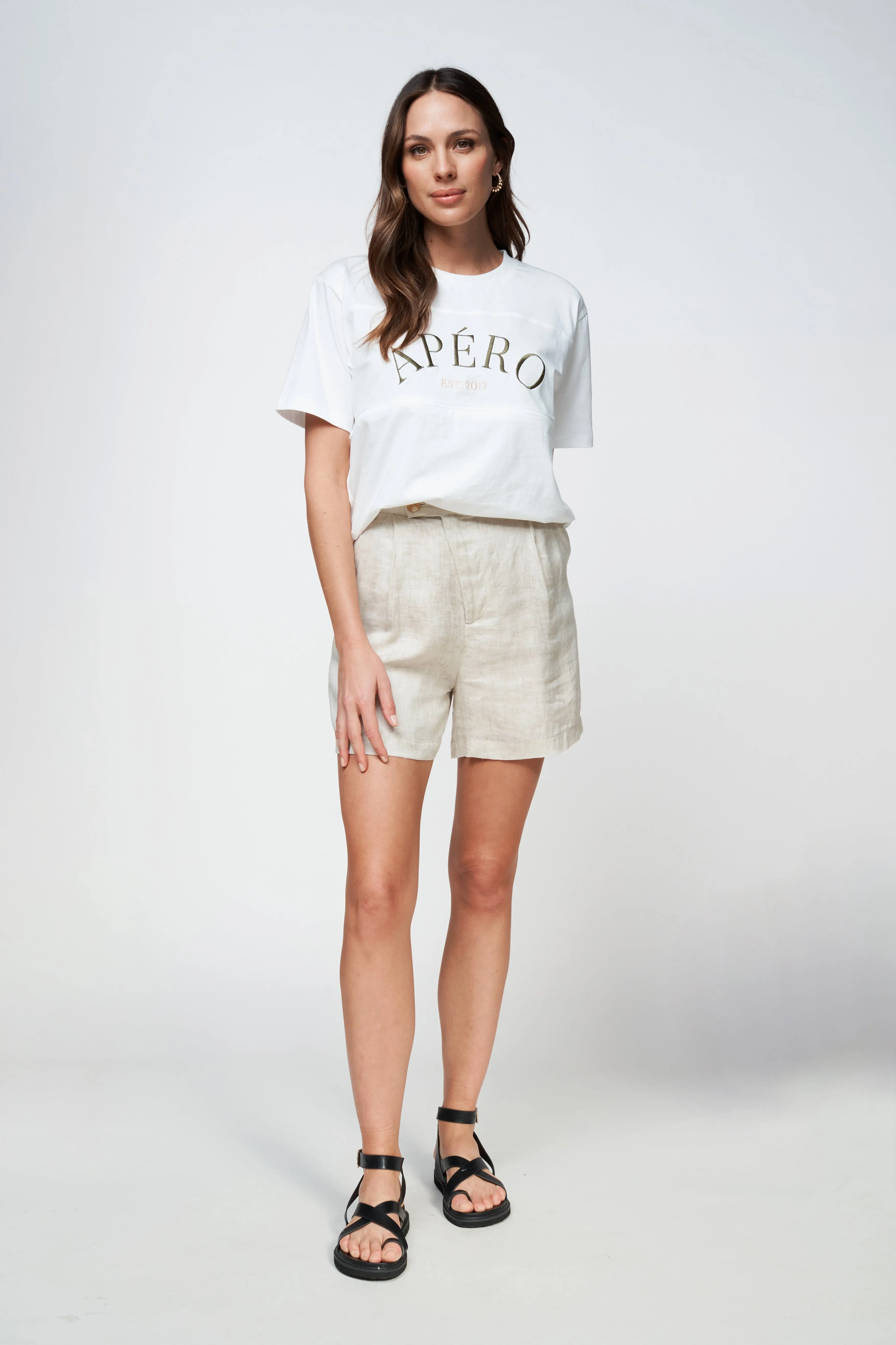 Heritage Embroidered Panel Tee - White / Khaki / Peach