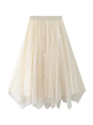 High Waist Pleated Irregular Gauze Skirt