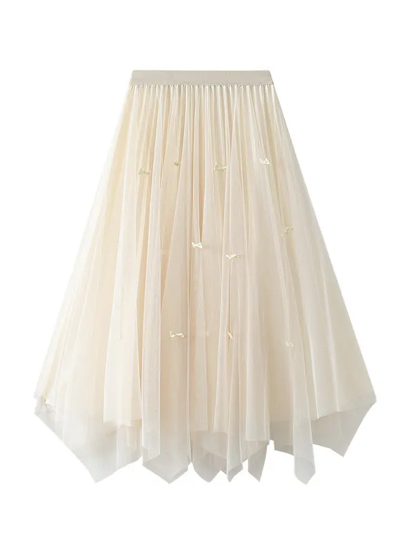 High Waist Pleated Irregular Gauze Skirt