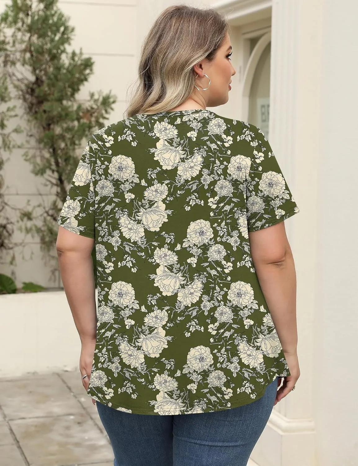 LOMON Womens Plus Size Tops Short Sleeve Shirts V Neck Pleated Keyhole Blouse Summer Casual Loose Tunic Tee 1X-5X
