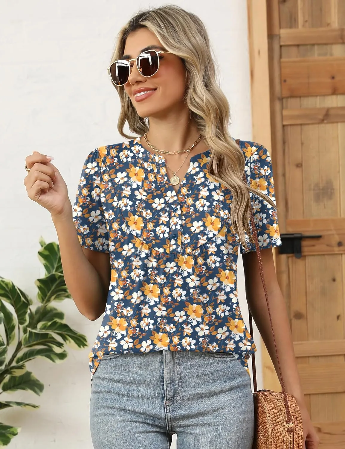 LOMON Womens Short Sleeve Tops Henley V-Neck T-Shirts Casual Pleated Blouses Dressy Loose Summer Clothes 2025 S-XXL