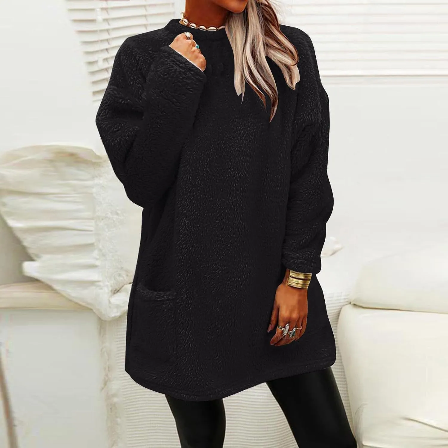 Oversized Fuzzy Fleece Sweatshirts for Women Fashion 2025 Parka Warm Outerwear Letter Print Loungewear with Pockets