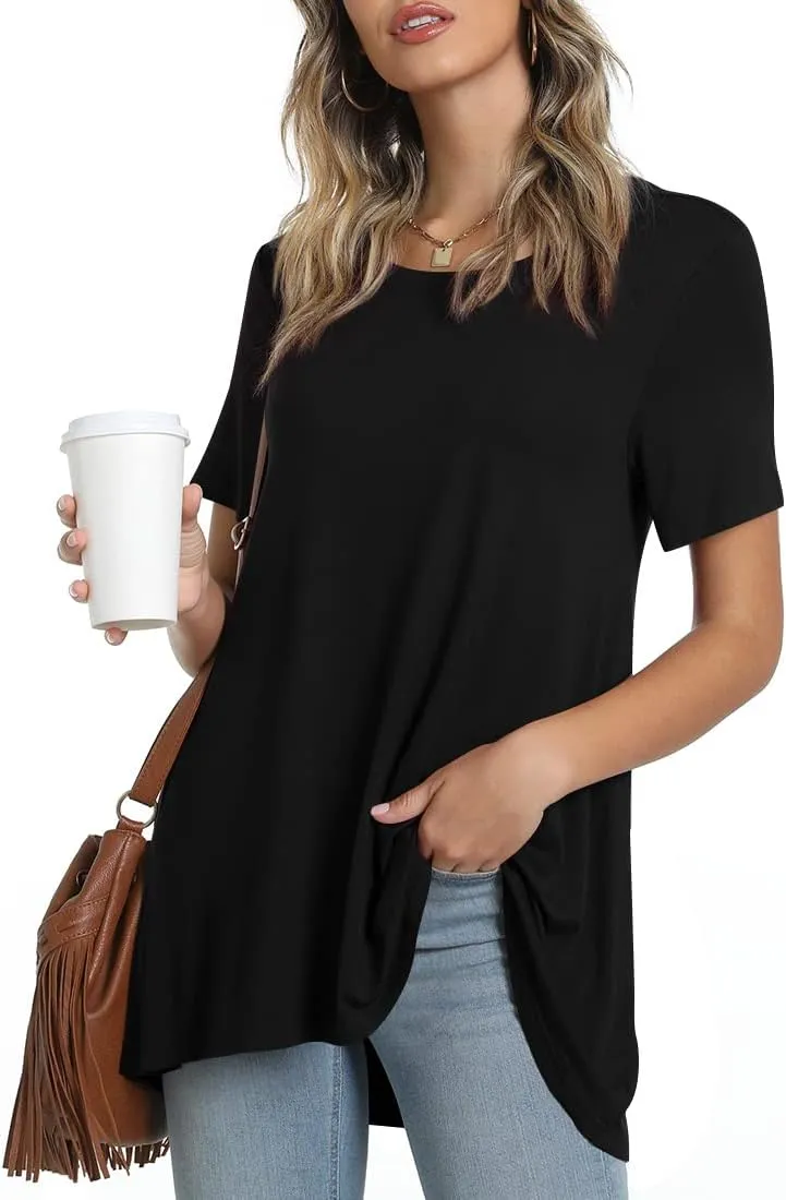 POPYOUNG Women's Summer Long Tunic Top To Wear With Leggings Short Sleeve Shirt Loose Fit Dressy