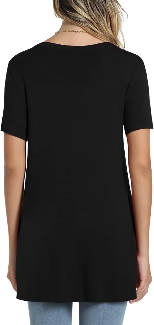 POPYOUNG Women's Summer Long Tunic Top To Wear With Leggings Short Sleeve Shirt Loose Fit Dressy