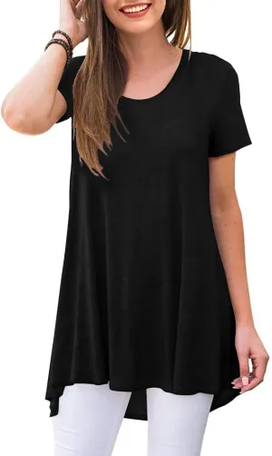 POPYOUNG Women's Summer Long Tunic Top To Wear With Leggings Short Sleeve Shirt Loose Fit Dressy
