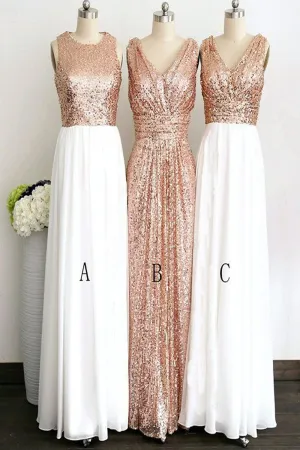 Rose Gold Long Elegant Pretty White Chiffon Charming Bridesmaid Dress K110