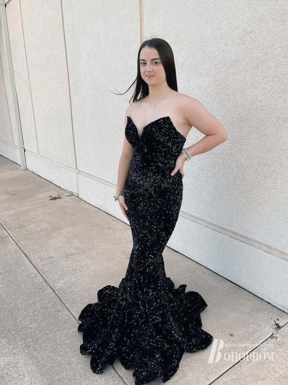 Shining Sequin Lace Strapless Neckline Mermaid Prom Dresses PD631