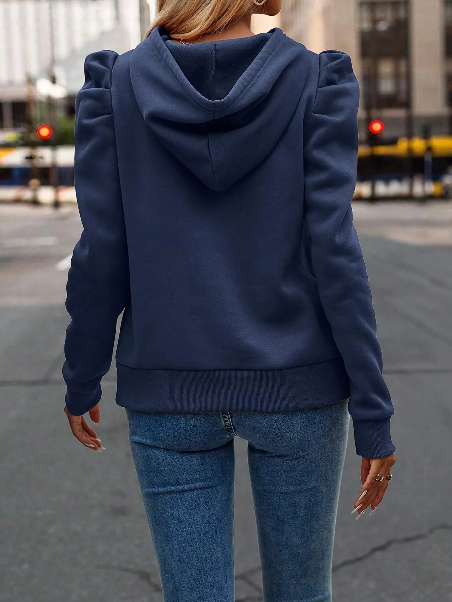 Solid Color Ruched Puff Long Sleeves Hoodies