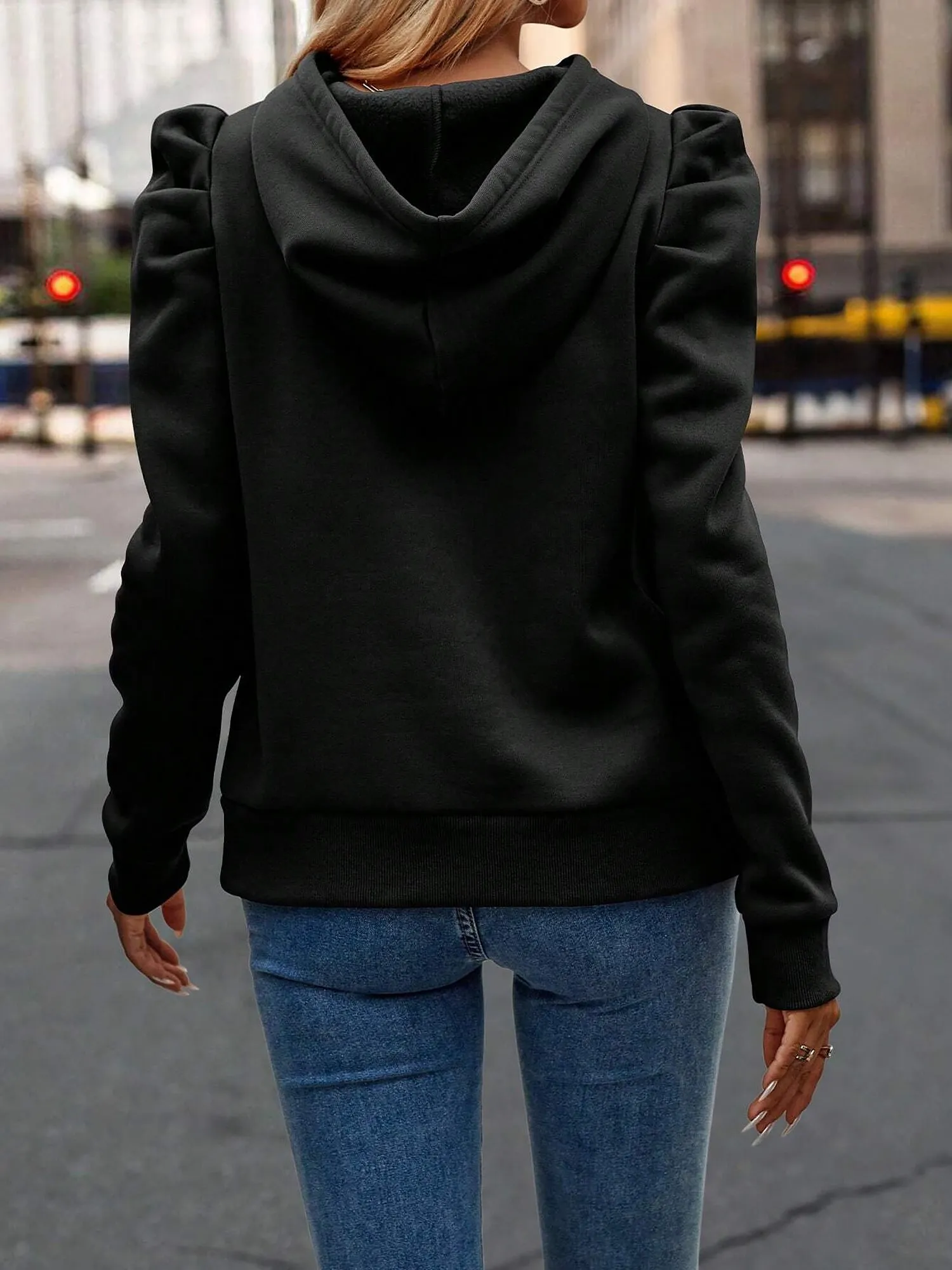 Solid Color Ruched Puff Long Sleeves Hoodies