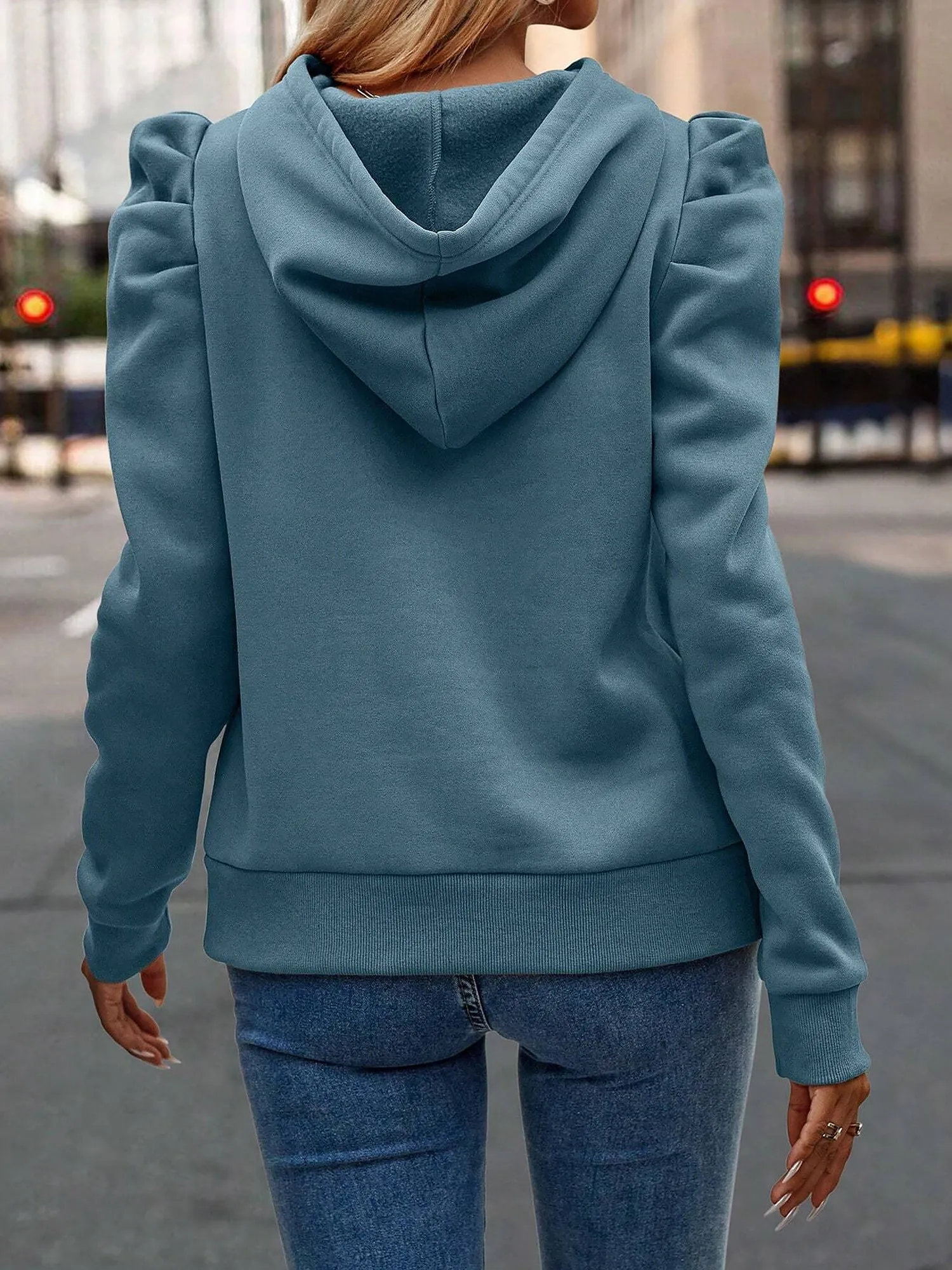 Solid Color Ruched Puff Long Sleeves Hoodies