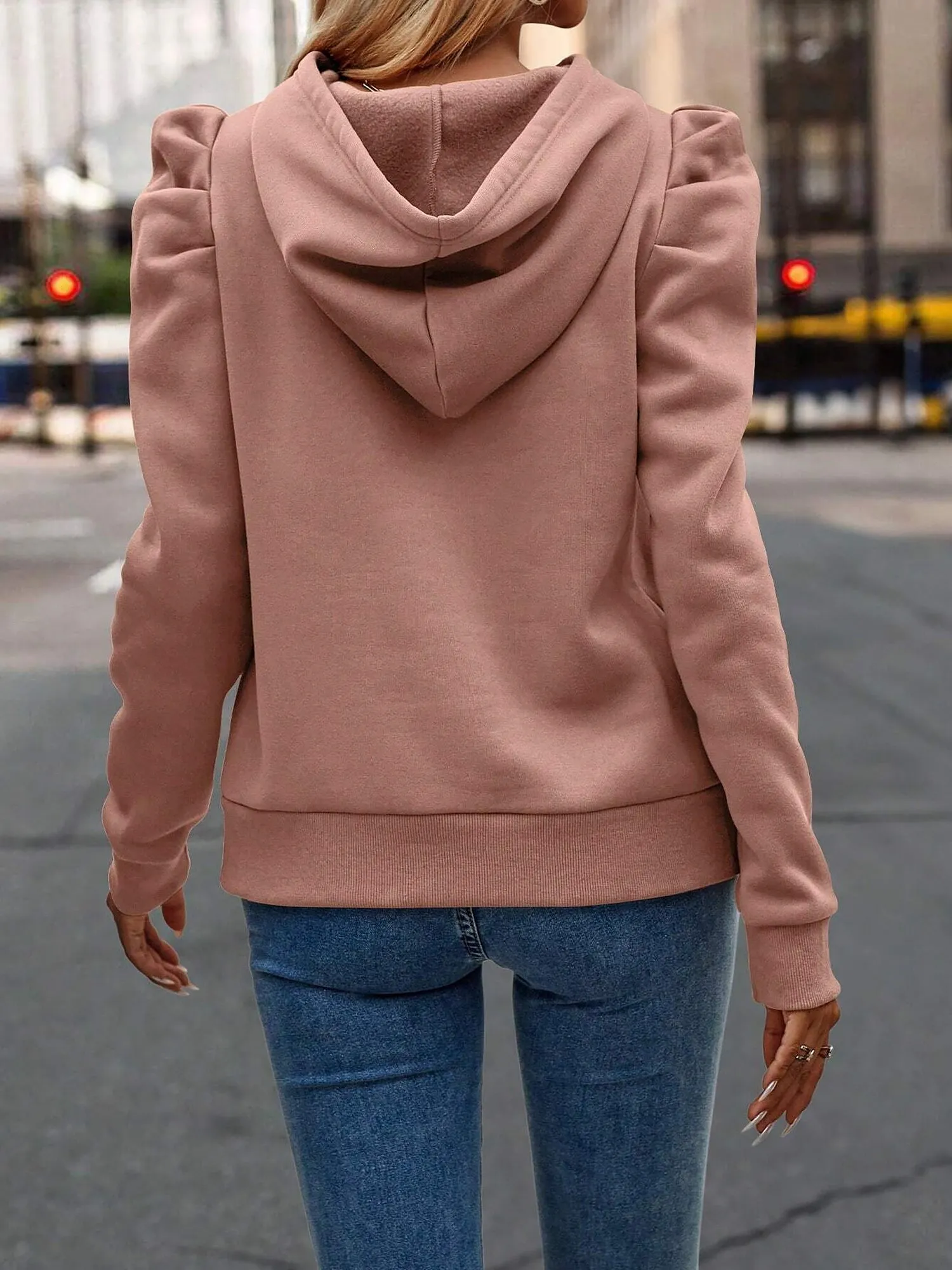 Solid Color Ruched Puff Long Sleeves Hoodies