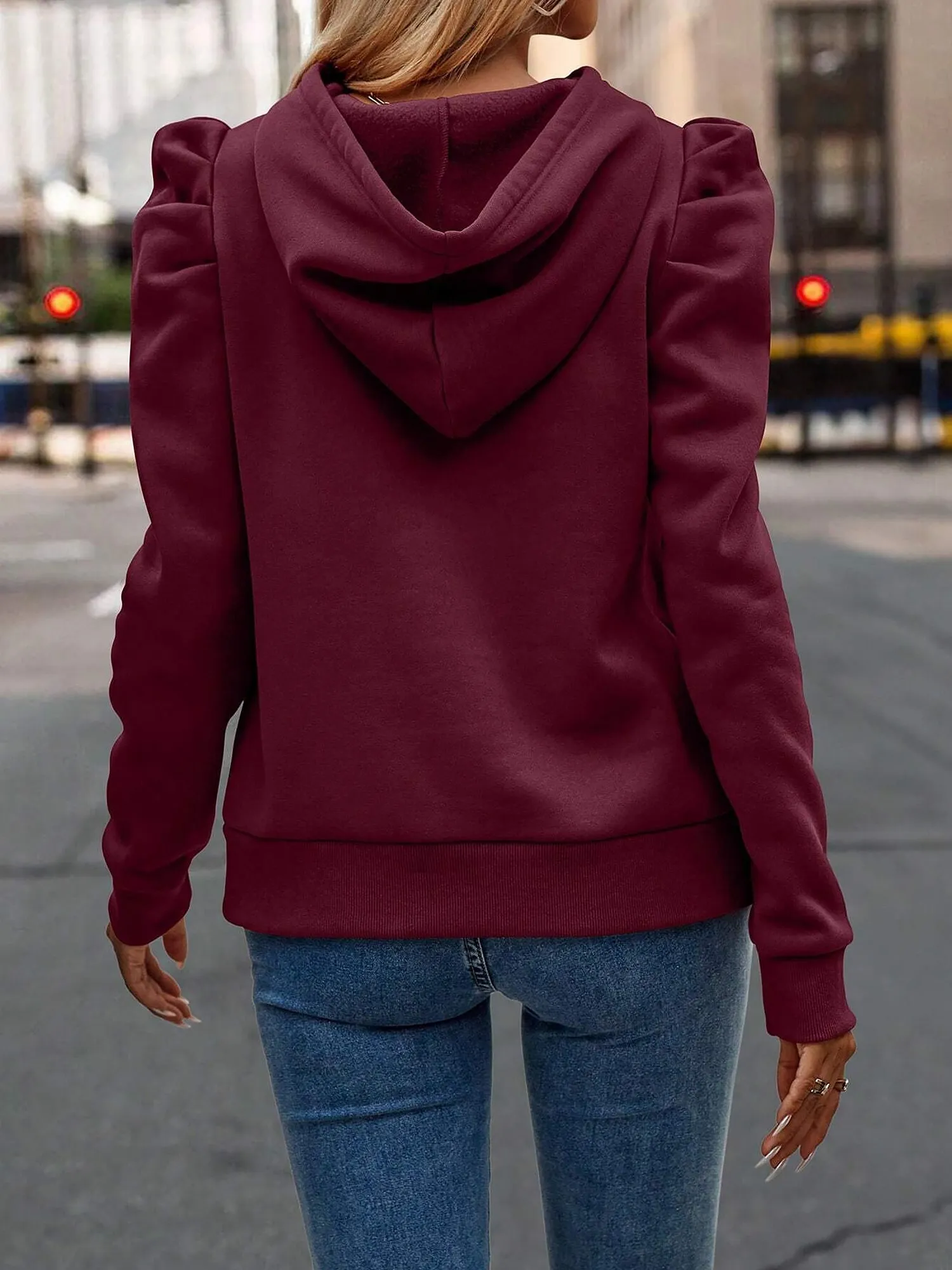 Solid Color Ruched Puff Long Sleeves Hoodies