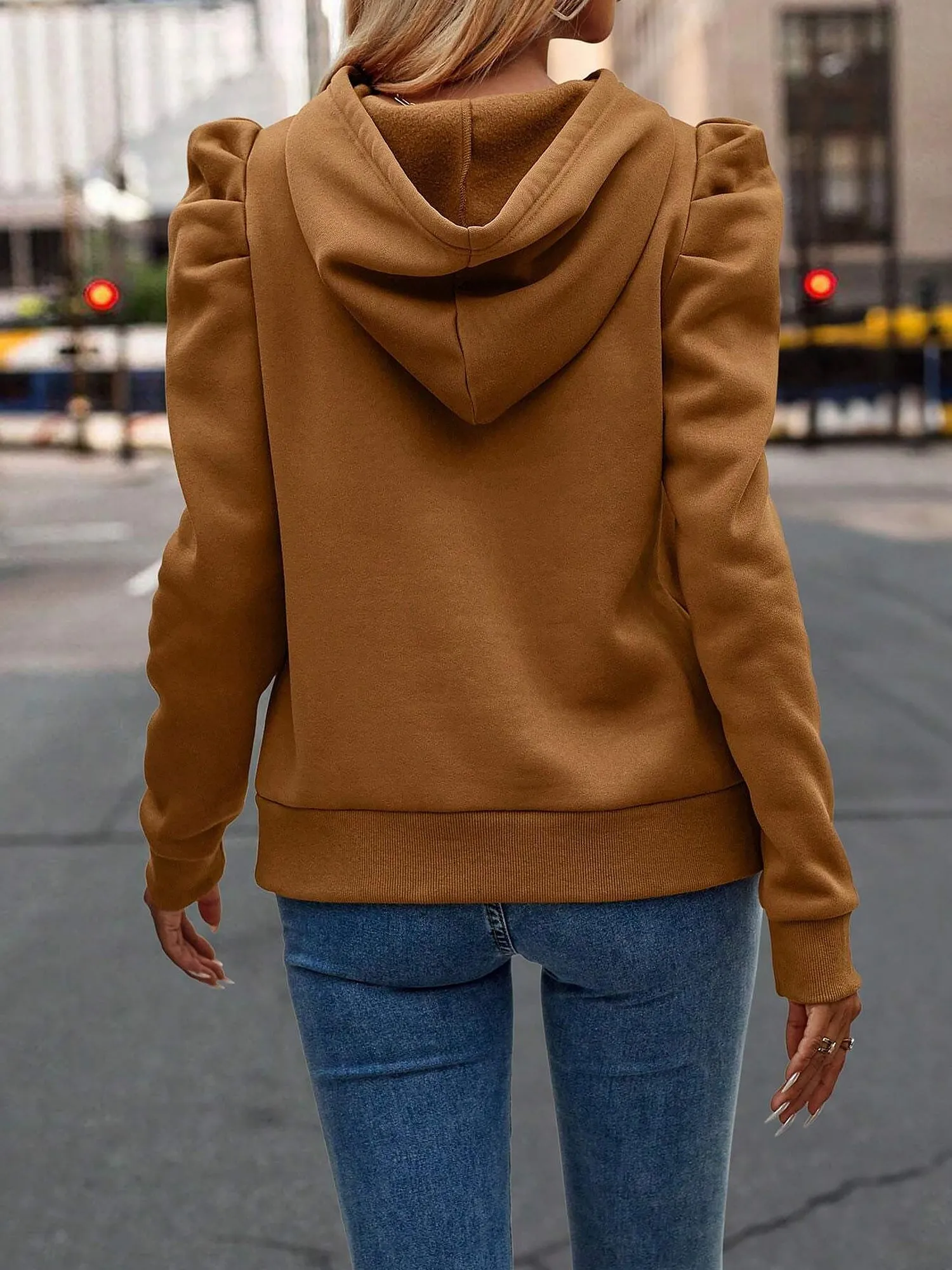 Solid Color Ruched Puff Long Sleeves Hoodies