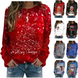 Womens Christmas Sweatshirt Cute Graphic Print Sweatshirts Long Sleeve Crewneck Holiday Pullover Tops Teacher Sweatshirt Winter Clothes Outfits Hoodies Xmas Tshirts Shirts for Women 2024