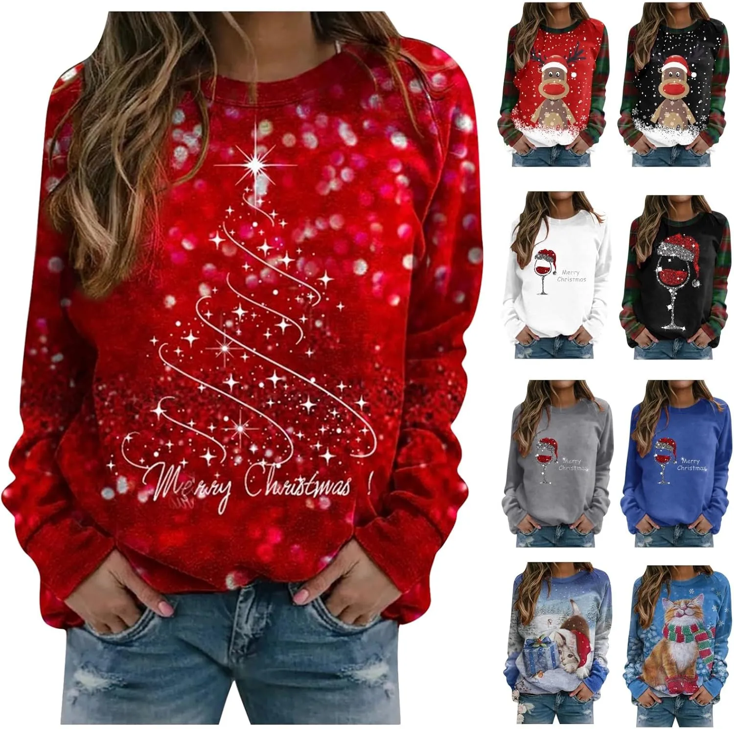Womens Christmas Sweatshirt Cute Graphic Print Sweatshirts Long Sleeve Crewneck Holiday Pullover Tops Teacher Sweatshirt Winter Clothes Outfits Hoodies Xmas Tshirts Shirts for Women 2024