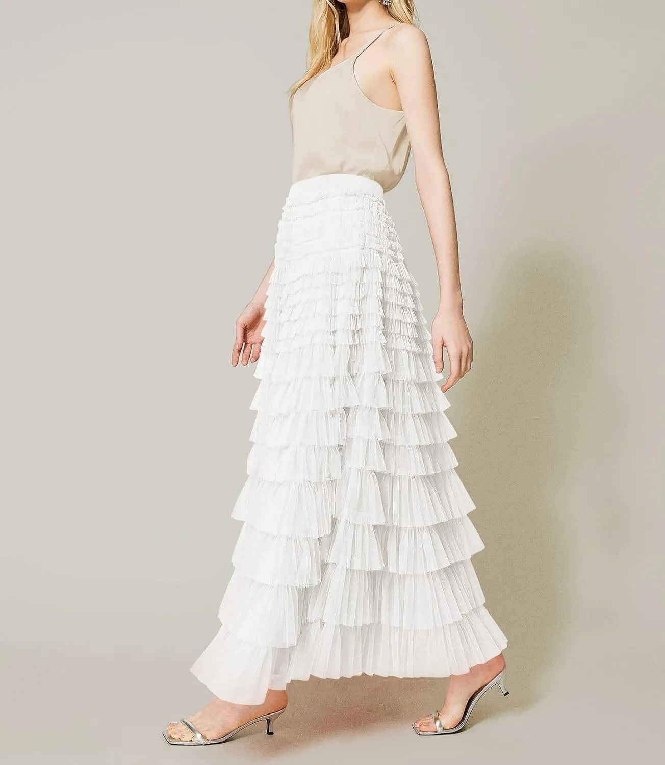 Women's Ruffled Tiered Tulle Skirt Elastic High Waist Fairy Maxi Skirt Layered Mesh Puffy A Line Long Skirt